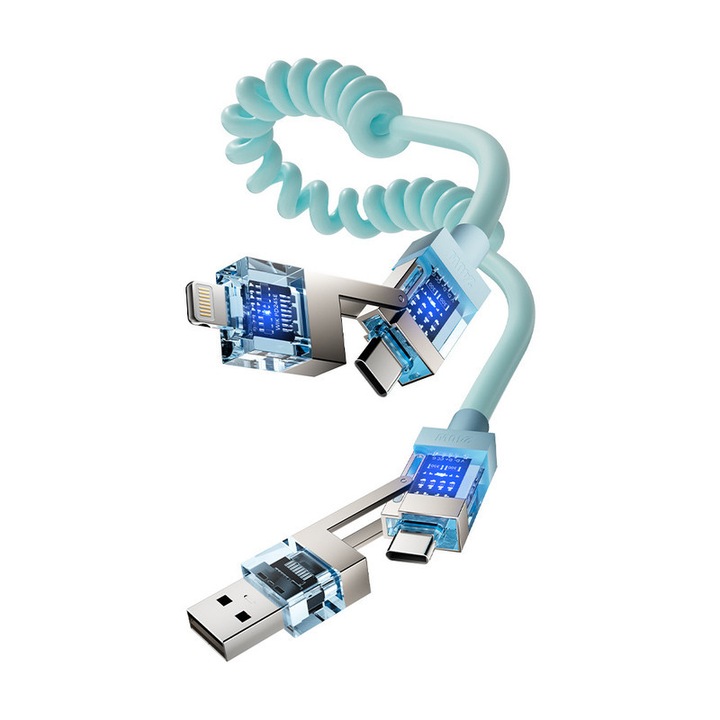 Cablu de incarcare 240W 4-in-1, OTTOOPPXIN®, zinc alloy, retractabil, 2m, USB-A + Type-C + Lightning, pentru Apple/Samsung, compatibil CarPlay/CarLife