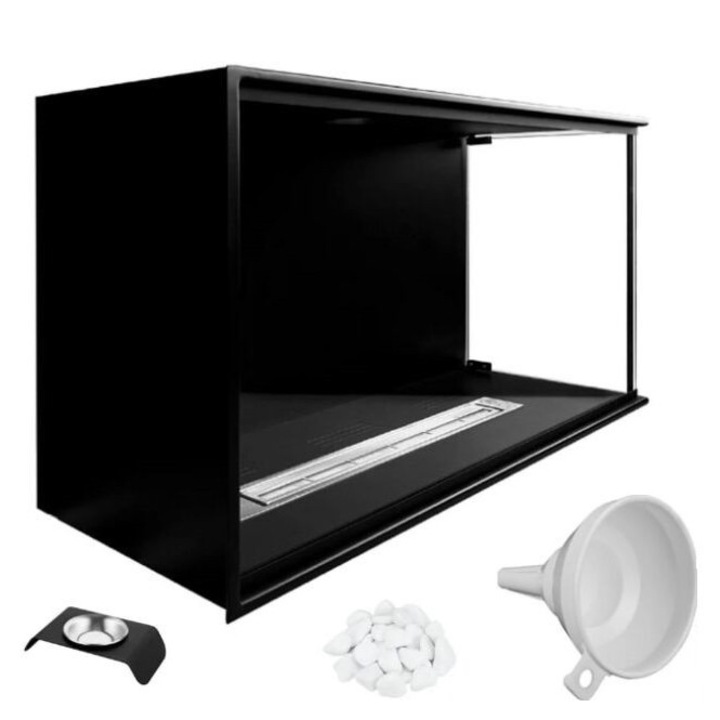 Semineu cu bioetanol, de colt, incorporabil. BIO-EKO Dreapta, cu Bioetanol, 80 x 50 x 30 cm, arzator din otel inoxidabil, palnie, kit asamblare, bricheta de 21 cm neagra pe gaz pentru aprindere, pietricele albe decorative si recipient aromaterapie incluse