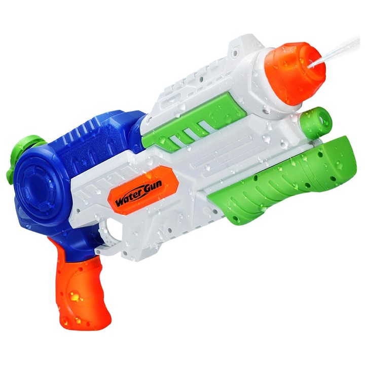 Воден пистолет за деца, OPTIM SOLUTION, 6+ години, лятна играчка, басейн, плаж, вместимост 1000 мл, воден спрей, за охлаждане, ръчна система за изстрелване, игра на открито, лесен за употреба, XTO, бял/многоцветен