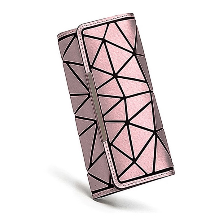 Дамски портфейл, екокожа, с геометричен принт, закопчаване с тик-так, 14 отделения, розов