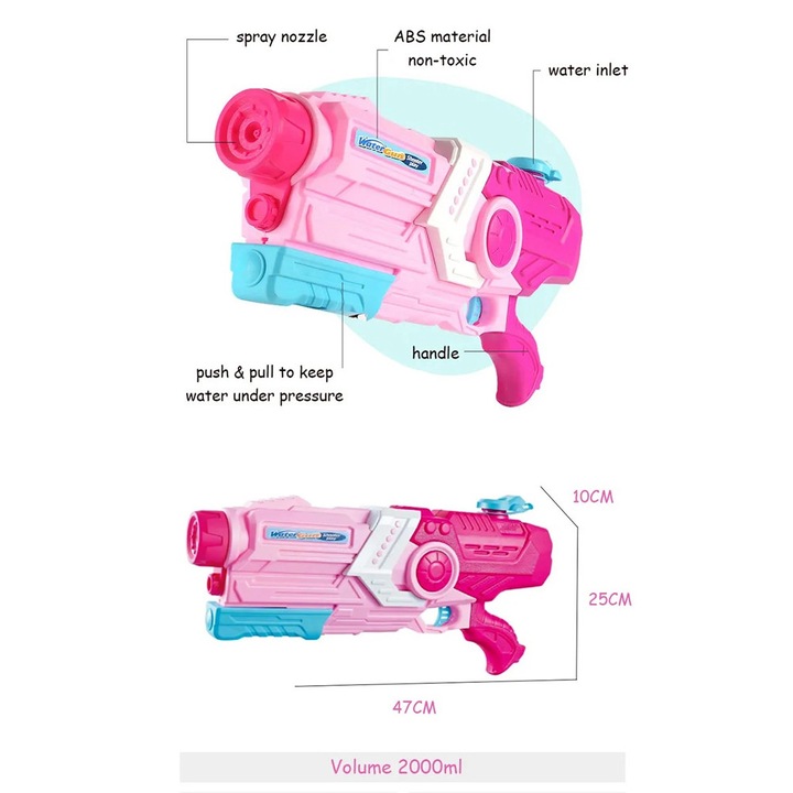 Pistol cu Apa pentru Copii, OPTIM SOLUTION, 6 ani+, Jucarie pentru Vara, Piscina, Plaja, Capacitate 2000ml, Stropit cu Apa, pentru Racorire, Sistem de Tragere Manual, Joaca in Aer Liber, Usor de Utilizat, XTO, Roz
