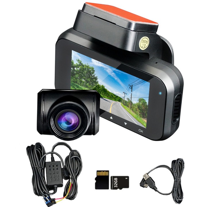 Camera de bord Fudisenn, lentila dubla, 4K, noapte, negru, 100x60x25mm, card de memorie inclus