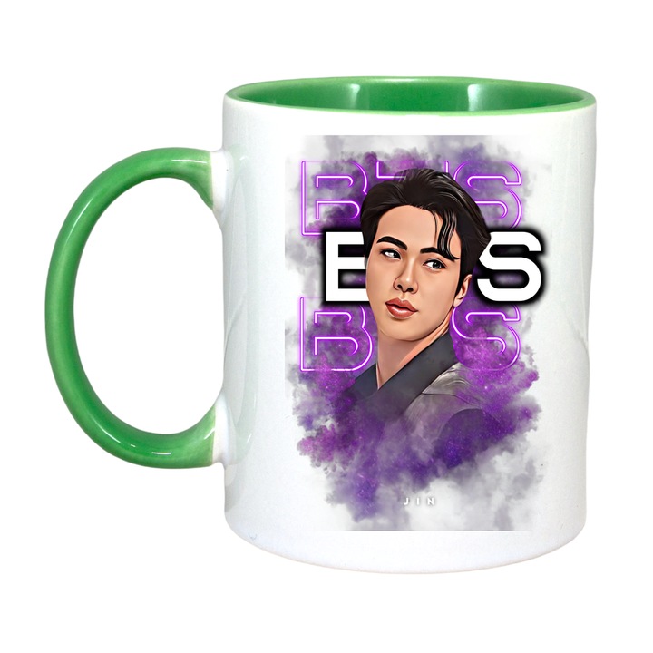 Cana cu formatia/trupa BTS JIMIN, Cri-Flo, Ceramica, 330ml, Maner si interior Verde