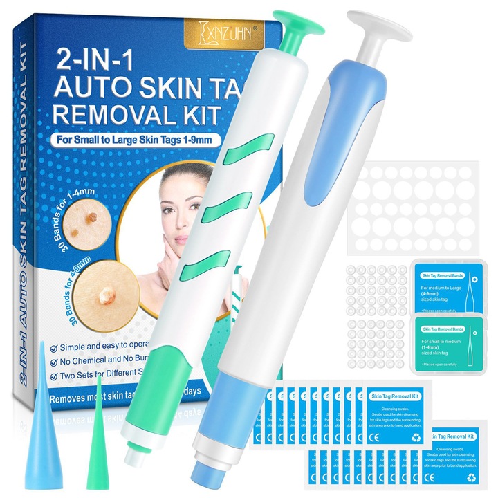 Устройство за премахване на брадавици, LXNZUHN®, 2 в 1, 1-9 мм, 20 почистващи кърпички, 60 ластици, 2 сменяеми накрайника, 36 пластира за поправка, синьо-зелено, 11,5x2,3x16,5 см