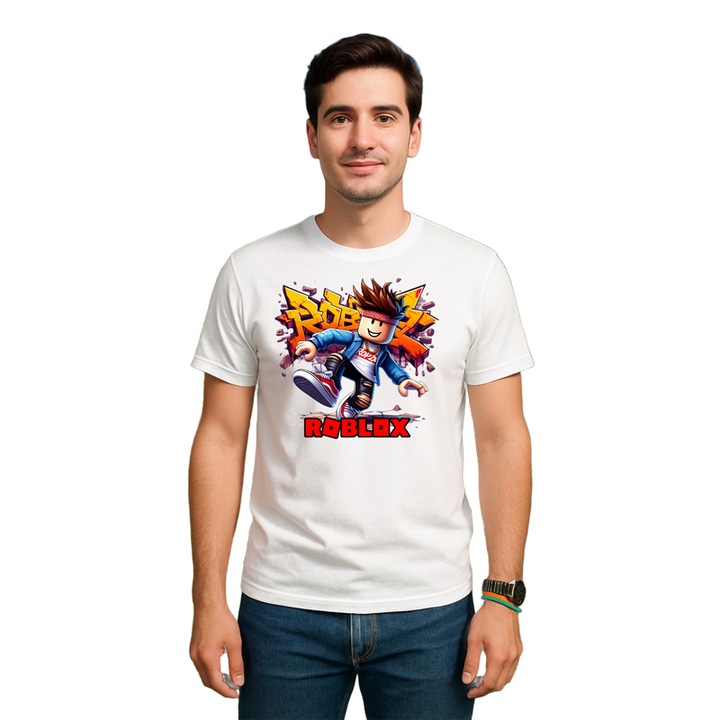 Tricou barbat personalizat cu Roblox Blaster Pixelat One, din bumbac 100%, Cri-Flo, Culoare Alb, Marime L