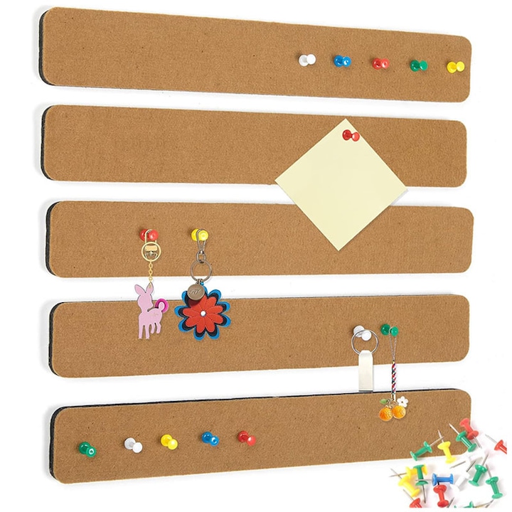 Комплект от 5 самозалепващи коркови дъски, Rqiurpn, с 40 щифта, лесни за поставяне и многократна употреба, за бележки, офис, дом, 33x5x1.2 см, кафяви