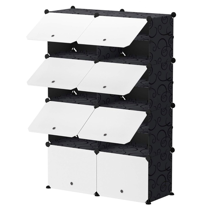 Organizator incaltaminte, 8 niveluri, 32 perechi, negru cu alb, usi semi-transparente