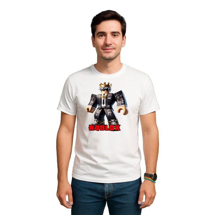 Tricou barbat personalizat cu Roblox Robotul De Apa, din bumbac 100%, Cri-Flo, Culoare Alb, Marime XL