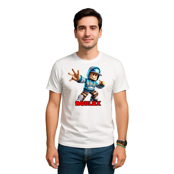 Tricou barbat personalizat cu Roblox Robotul Spartan, din bumbac 100%, Cri-Flo, Culoare Alb, Marime XL