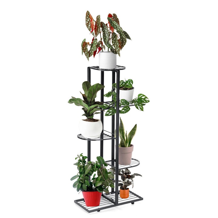 Stand metalic pentru flori Strado, negru, 6 ghivece, inaltime 97cm