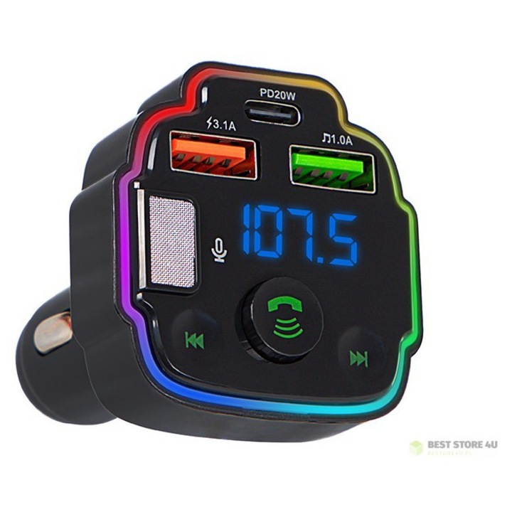 Transmiter FM Bluetooth, set cu functie hands-free, 2 porturi USB, incarcare rapida QC 3.0, iluminare RGB, 12V-24V