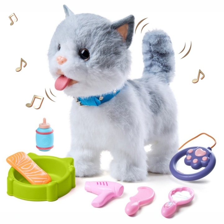 Jucarie Interactiva Pisicuta Tumama®, Merge, Miauna, Linge si Misca din Cap si Coada, Multiple Accesorii, Comenzi Vocale prin Aplauze, Materiale Moi si Sigure, Varsta 3+