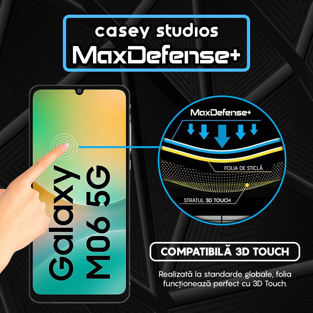Folie Sticla CASEY STUDIOS compatibila cu Samsung Galaxy M06, Full Glue, Sticla Securizata, Duritate Militara, Ultra HD, Protectie Profesionala Ecran 3D, Anti Zgarieturi, Anti Socuri, Margini negre