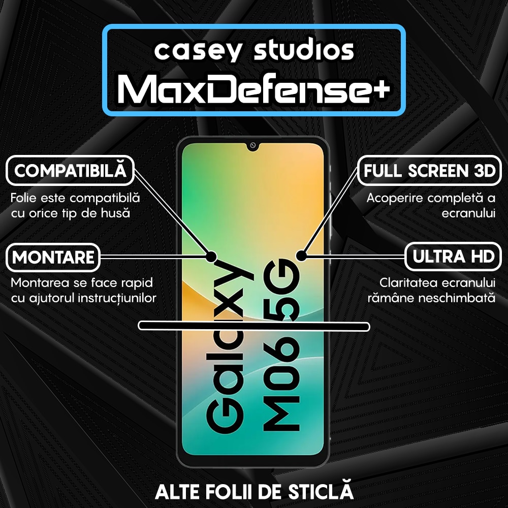 Folie Sticla CASEY STUDIOS compatibila cu Samsung Galaxy M06, Full Glue, Sticla Securizata, Duritate Militara, Ultra HD, Protectie Profesionala Ecran 3D, Anti Zgarieturi, Anti Socuri, Margini negre