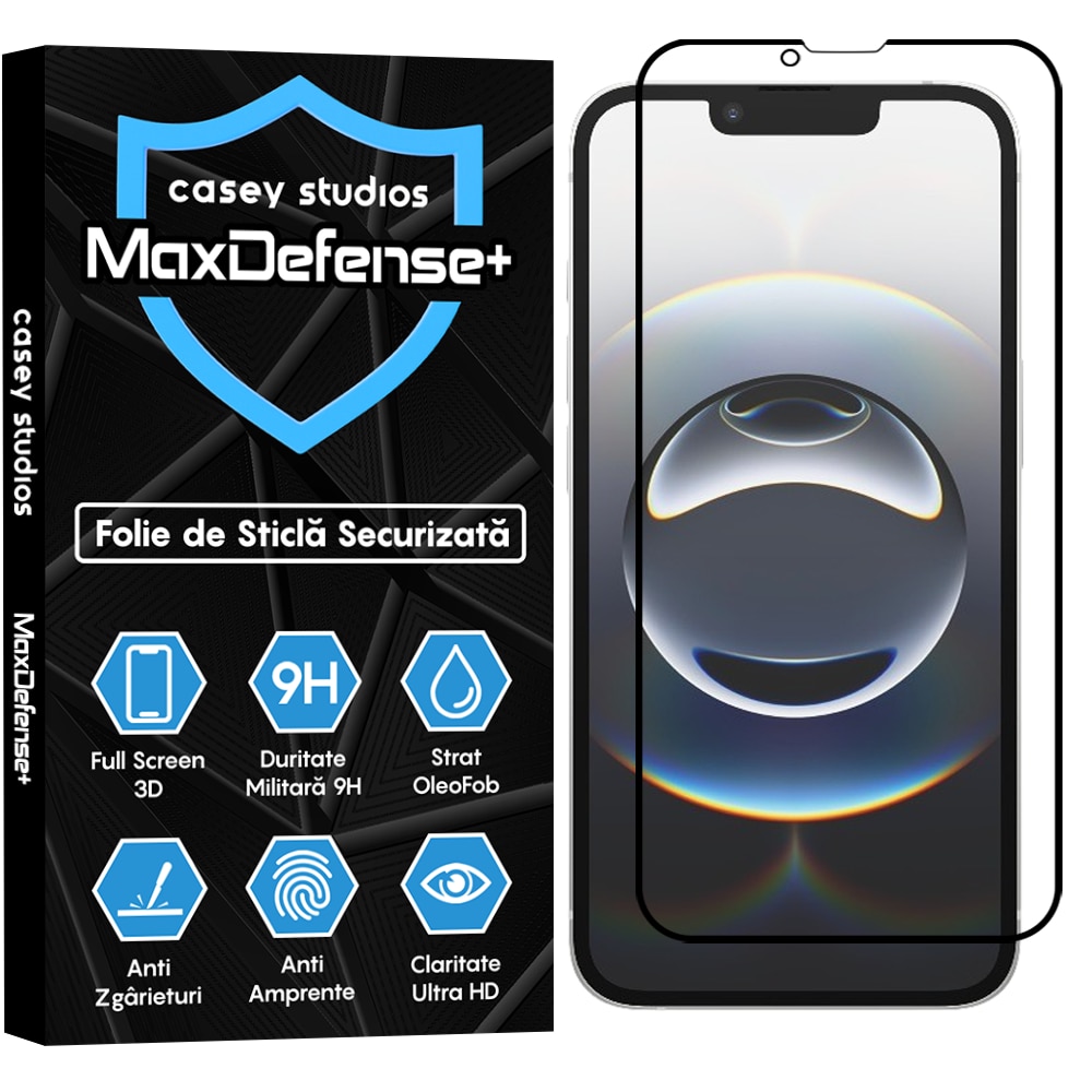 Folie Sticla compatibila cu iPhone 16e Casey Studios Full Screen 9H + Kit de Instalare Cadou, Full Glue, Sticla Securizata, Duritate Militara, Ultra HD, Protectie Profesionala Ecran 3D, Anti Zgarieturi, Anti Socuri, Margini Negre
