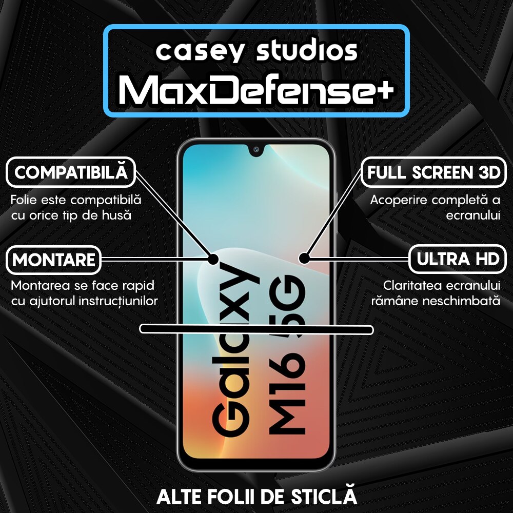 Folie Sticla CASEY STUDIOS compatibila cu Samsung Galaxy M16, Full Glue, Sticla Securizata, Duritate Militara, Ultra HD, Protectie Profesionala Ecran 3D, Anti Zgarieturi, Anti Socuri, Margini negre