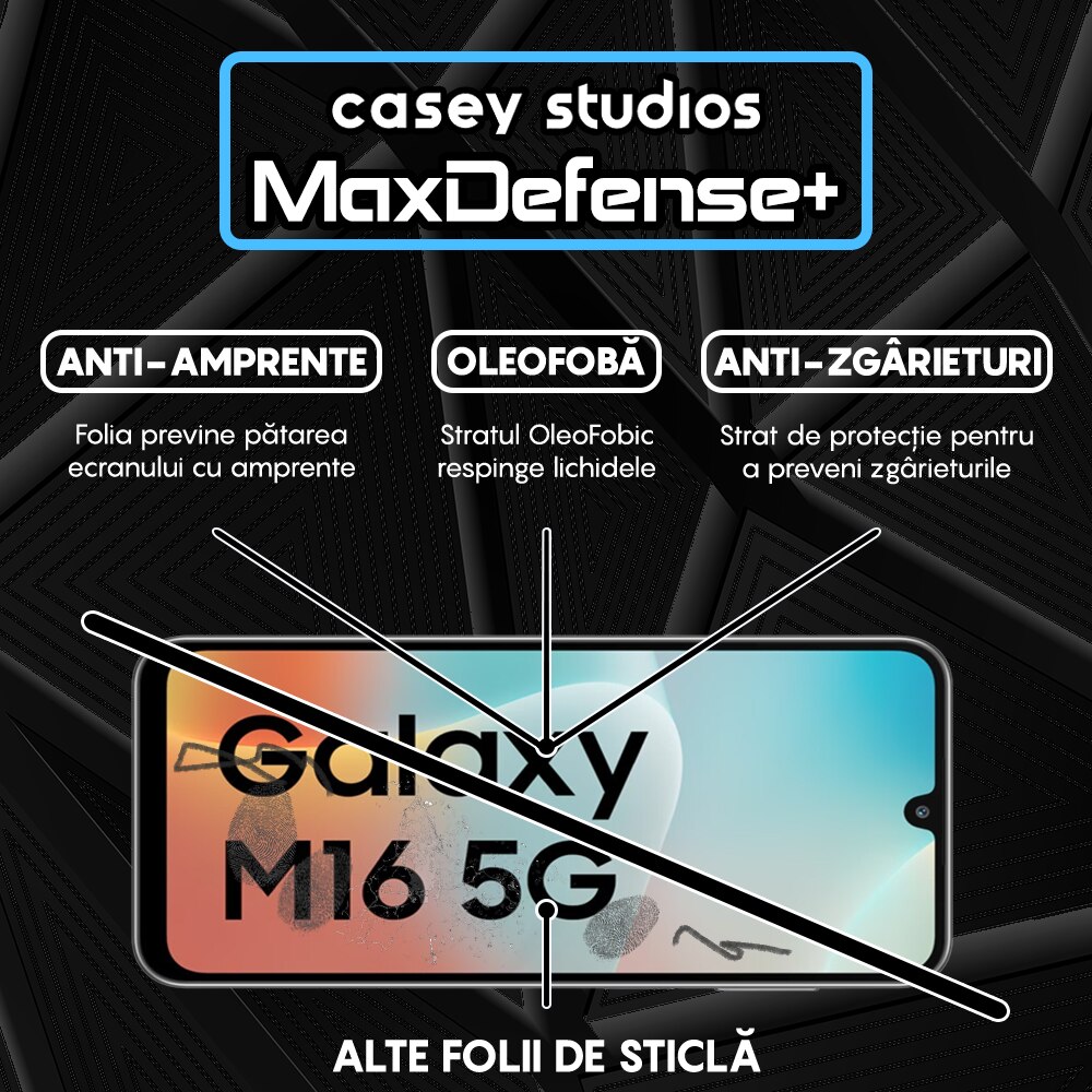 Folie Sticla CASEY STUDIOS compatibila cu Samsung Galaxy M16, Full Glue, Sticla Securizata, Duritate Militara, Ultra HD, Protectie Profesionala Ecran 3D, Anti Zgarieturi, Anti Socuri, Margini negre