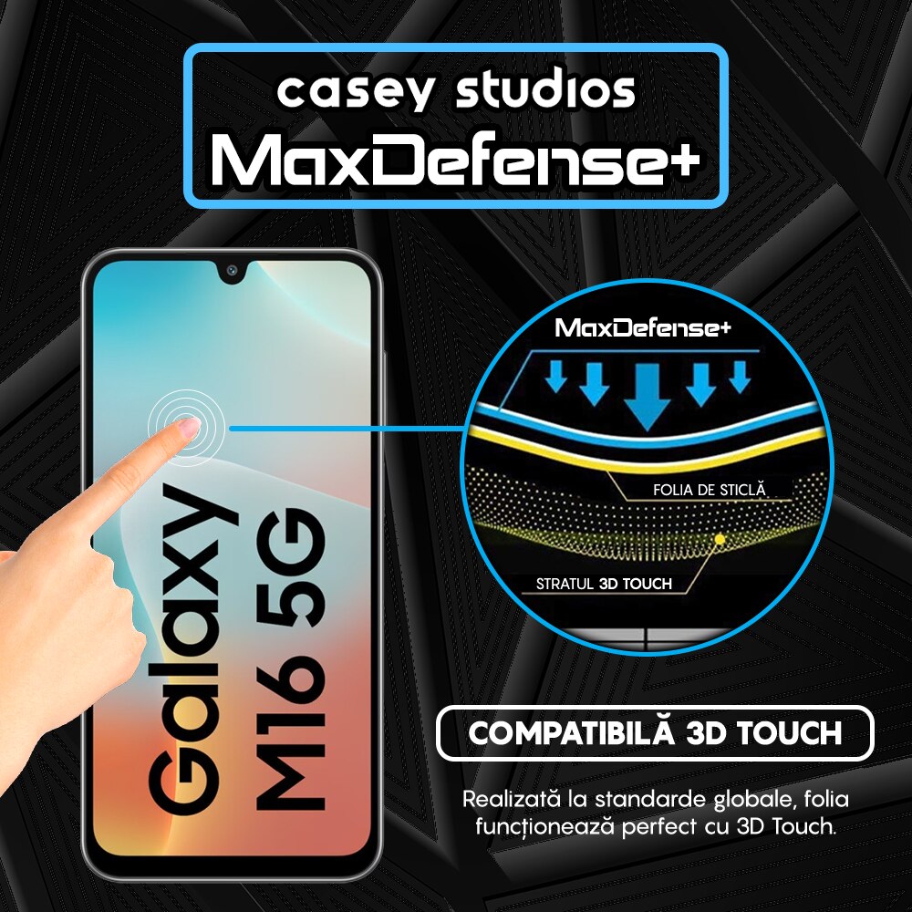 Folie Sticla CASEY STUDIOS compatibila cu Samsung Galaxy M16, Full Glue, Sticla Securizata, Duritate Militara, Ultra HD, Protectie Profesionala Ecran 3D, Anti Zgarieturi, Anti Socuri, Margini negre