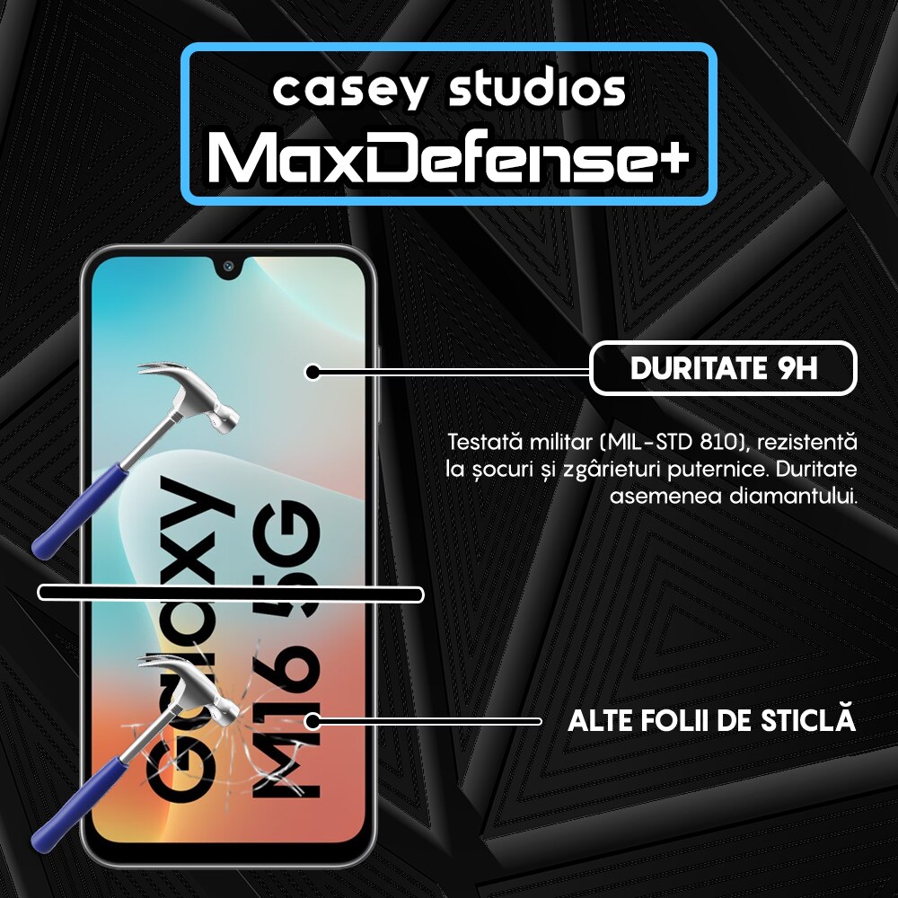 Folie Sticla CASEY STUDIOS compatibila cu Samsung Galaxy M16, Full Glue, Sticla Securizata, Duritate Militara, Ultra HD, Protectie Profesionala Ecran 3D, Anti Zgarieturi, Anti Socuri, Margini negre