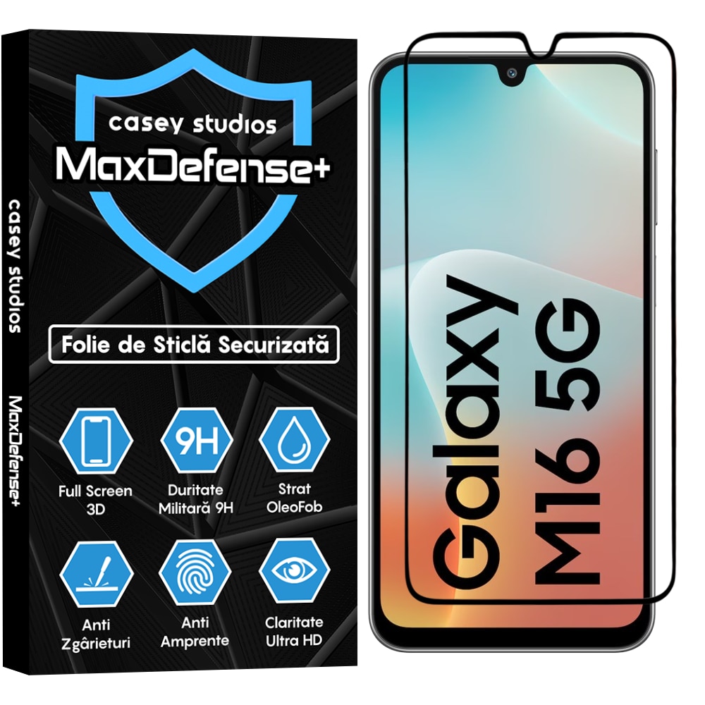 Folie Sticla CASEY STUDIOS compatibila cu Samsung Galaxy M16, Full Glue, Sticla Securizata, Duritate Militara, Ultra HD, Protectie Profesionala Ecran 3D, Anti Zgarieturi, Anti Socuri, Margini negre