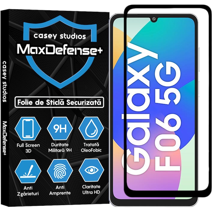 CASEY STUDIOS üvegfólia Samsung Galaxy F06 5G-hez, teljes ragasztóval, edzett üveg, katonai keménység, Ultra HD, professzionális 3D képernyővédelem, karcálló, ütésálló, fekete szélek