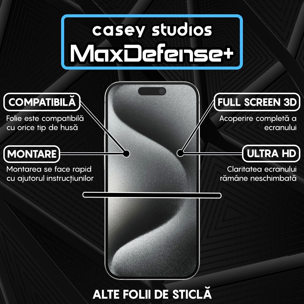 Folie Sticla Mata CASEY STUDIOS™ compatibila cu iPhone 15 Pro, MaxDefense+ Matte, Full Cover 3D, Full Glue, Duritate Militara, Ultra HD, Protectie Profesionala Ecran 3D, Anti Zgarieturi, Anti Socuri, Negru, Sticla Securizata