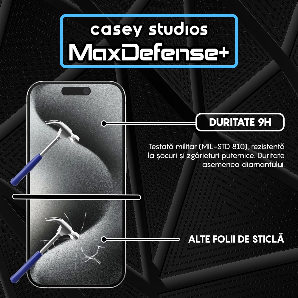 Folie Sticla Mata CASEY STUDIOS™ compatibila cu iPhone 15 Pro, MaxDefense+ Matte, Full Cover 3D, Full Glue, Duritate Militara, Ultra HD, Protectie Profesionala Ecran 3D, Anti Zgarieturi, Anti Socuri, Negru, Sticla Securizata