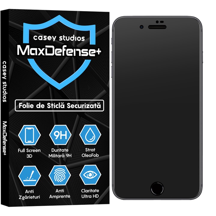 Folie Sticla Mata CASEY STUDIOS™ compatibila cu iPhone 7 / 8, MaxDefense+ Matte, Full Cover 3D, Full Glue, Sticla Securizata, Duritate Militara, Ultra HD, Protectie Profesionala Ecran 3D, Anti Zgarieturi, Anti Socuri, Negru