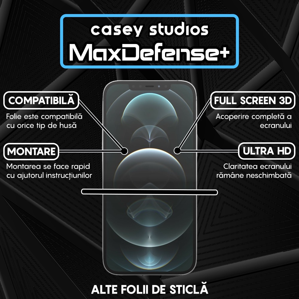 Folie Sticla CASEY STUDIOS™ compatibila cu iPhone 12 Pro Max, MaxDefense+ Classic, Full Cover 3D, Full Glue, Sticla Securizata, Duritate Militara, Ultra HD, Protectie Profesionala Ecran 3D, Anti Zgarieturi, Anti Socuri, Negru