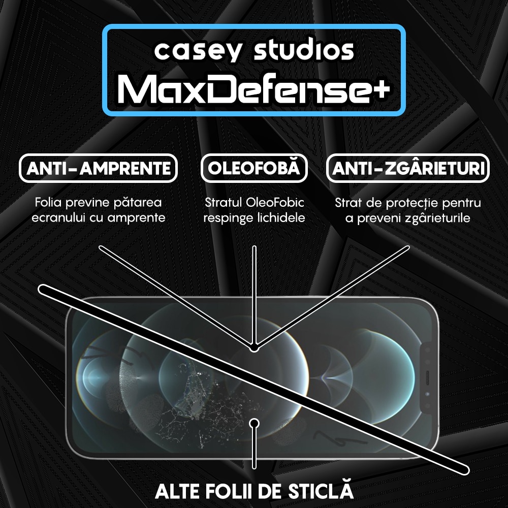 Folie Sticla CASEY STUDIOS™ compatibila cu iPhone 12 Pro Max, MaxDefense+ Classic, Full Cover 3D, Full Glue, Sticla Securizata, Duritate Militara, Ultra HD, Protectie Profesionala Ecran 3D, Anti Zgarieturi, Anti Socuri, Negru