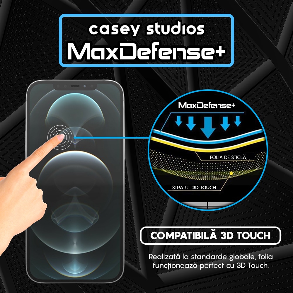 Folie Sticla CASEY STUDIOS™ compatibila cu iPhone 12 Pro Max, MaxDefense+ Classic, Full Cover 3D, Full Glue, Sticla Securizata, Duritate Militara, Ultra HD, Protectie Profesionala Ecran 3D, Anti Zgarieturi, Anti Socuri, Negru