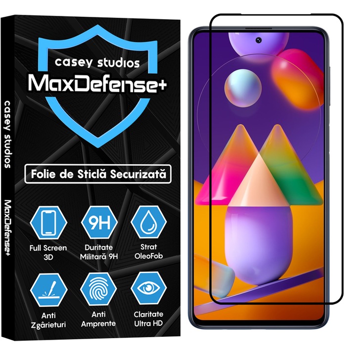 Folie Sticla CASEY STUDIOS™ compatibila cu Samsung Galaxy M31S, Full Cover 3D, Full Glue, Duritate Militara, Ultra HD, Protectie Profesionala Ecran 3D, Anti Zgarieturi, Anti Socuri, Margini Negre