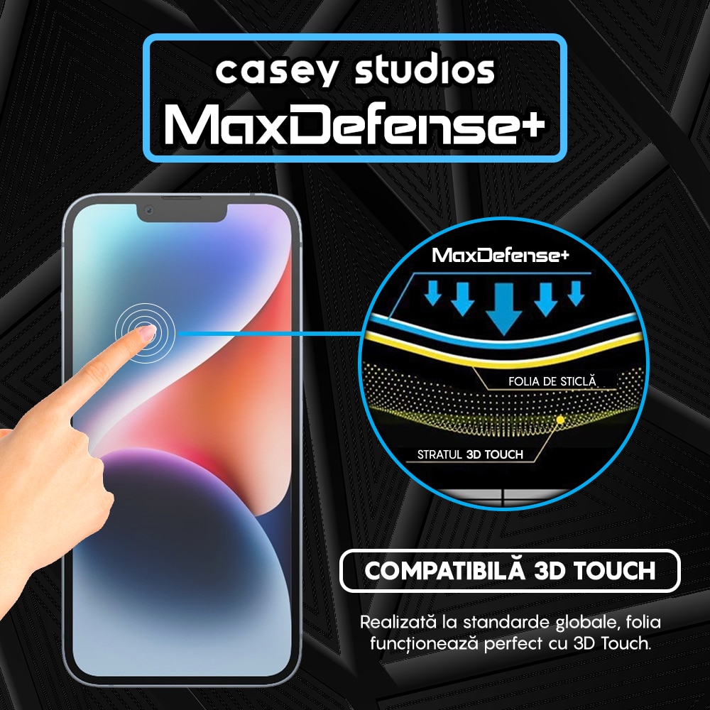 Folie Sticla CASEY STUDIOS™ compatibila cu iPhone 14, Full Cover 3D, Full Glue, Duritate Militara, Ultra HD, Protectie Profesionala Ecran 3D, Anti Zgarieturi, Anti Socuri, Margini Negre