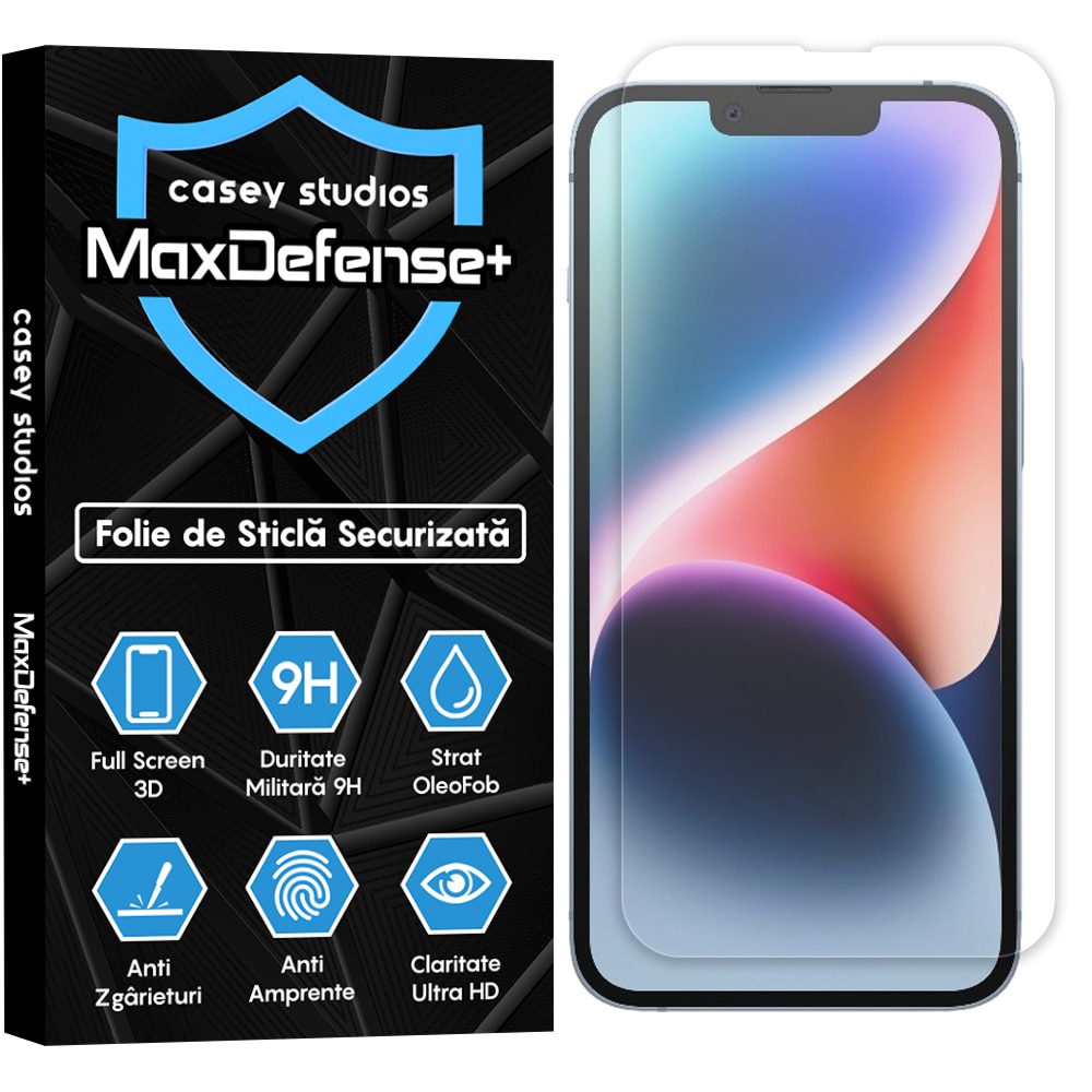 Folie Sticla CASEY STUDIOS™ compatibila cu iPhone 14, Full Cover 3D, Full Glue, Duritate Militara, Ultra HD, Protectie Profesionala Ecran 3D, Anti Zgarieturi, Anti Socuri, Margini Negre