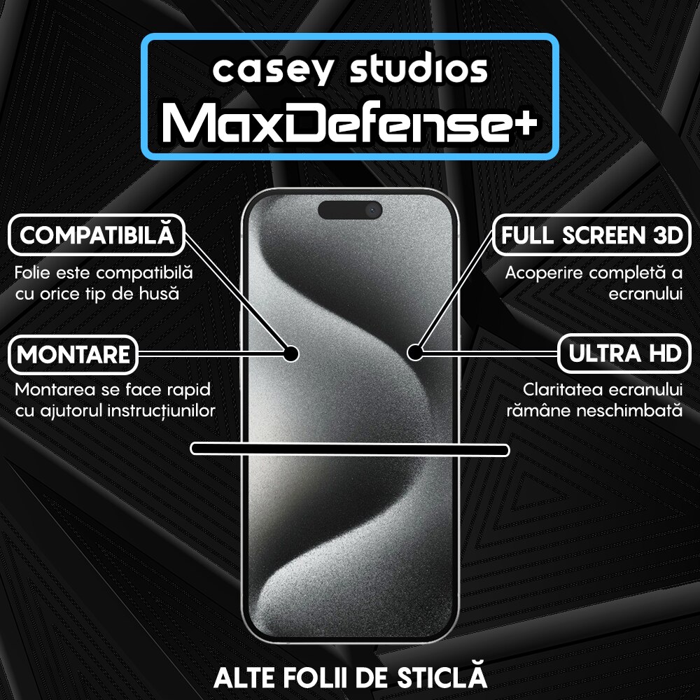 Folie Sticla CASEY STUDIOS™ compatibila cu iPhone 15 Pro, MaxDefense+ Classic, Full Glue, Sticla Securizata, Duritate Militara, Ultra HD, Protectie Profesionala Ecran 2D, Anti Zgarieturi, Anti Socuri, Negru