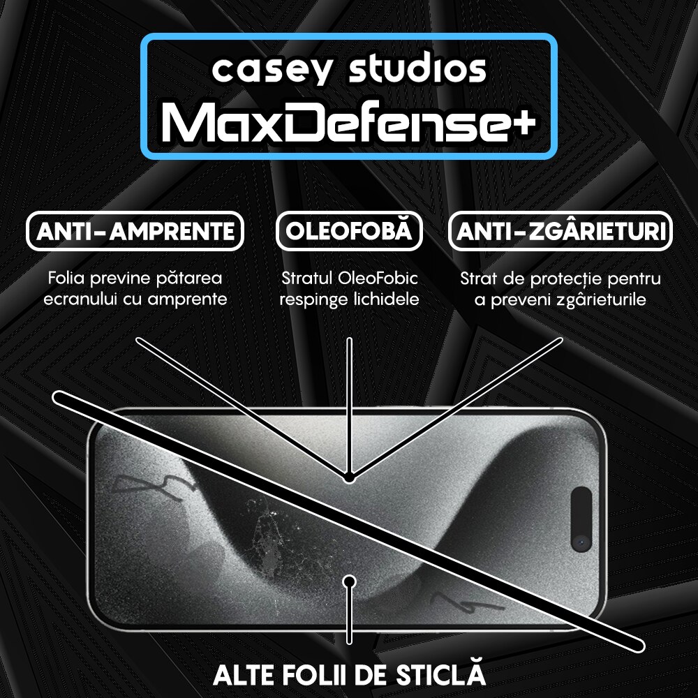 Folie Sticla CASEY STUDIOS™ compatibila cu iPhone 15 Pro, MaxDefense+ Classic, Full Glue, Sticla Securizata, Duritate Militara, Ultra HD, Protectie Profesionala Ecran 2D, Anti Zgarieturi, Anti Socuri, Negru