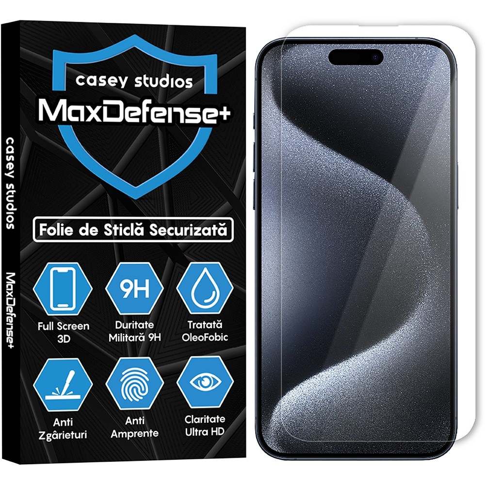 Folie Sticla CASEY STUDIOS™ compatibila cu iPhone 15 Pro, MaxDefense+ Classic, Full Glue, Sticla Securizata, Duritate Militara, Ultra HD, Protectie Profesionala Ecran 2D, Anti Zgarieturi, Anti Socuri, Negru