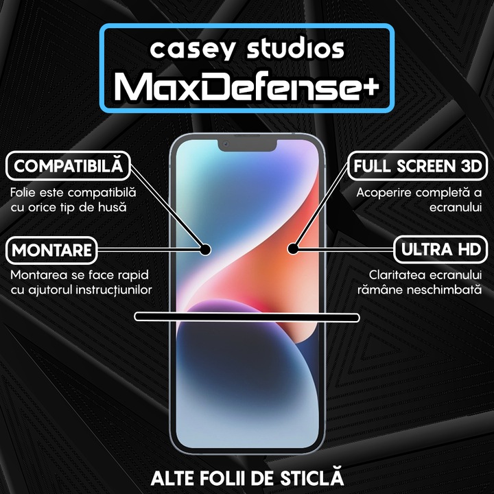 Folie Sticla CASEY STUDIOS™ compatibila cu iPhone 14, Full Cover 3D, Full Glue, Duritate Militara, Ultra HD, Protectie Profesionala Ecran 3D, Anti Zgarieturi, Anti Socuri, Margini Negre