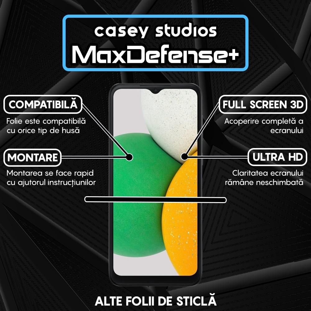 Folie Sticla CASEY STUDIOS™ compatibila cu Samsung Galaxy A04E / A03s / A02s / A03 / A03 Core, Full Cover 3D, Full Glue, Duritate Militara, Ultra HD, Protectie Profesionala Ecran 3D, Anti Zgarieturi, Anti Socuri, Margini Negre