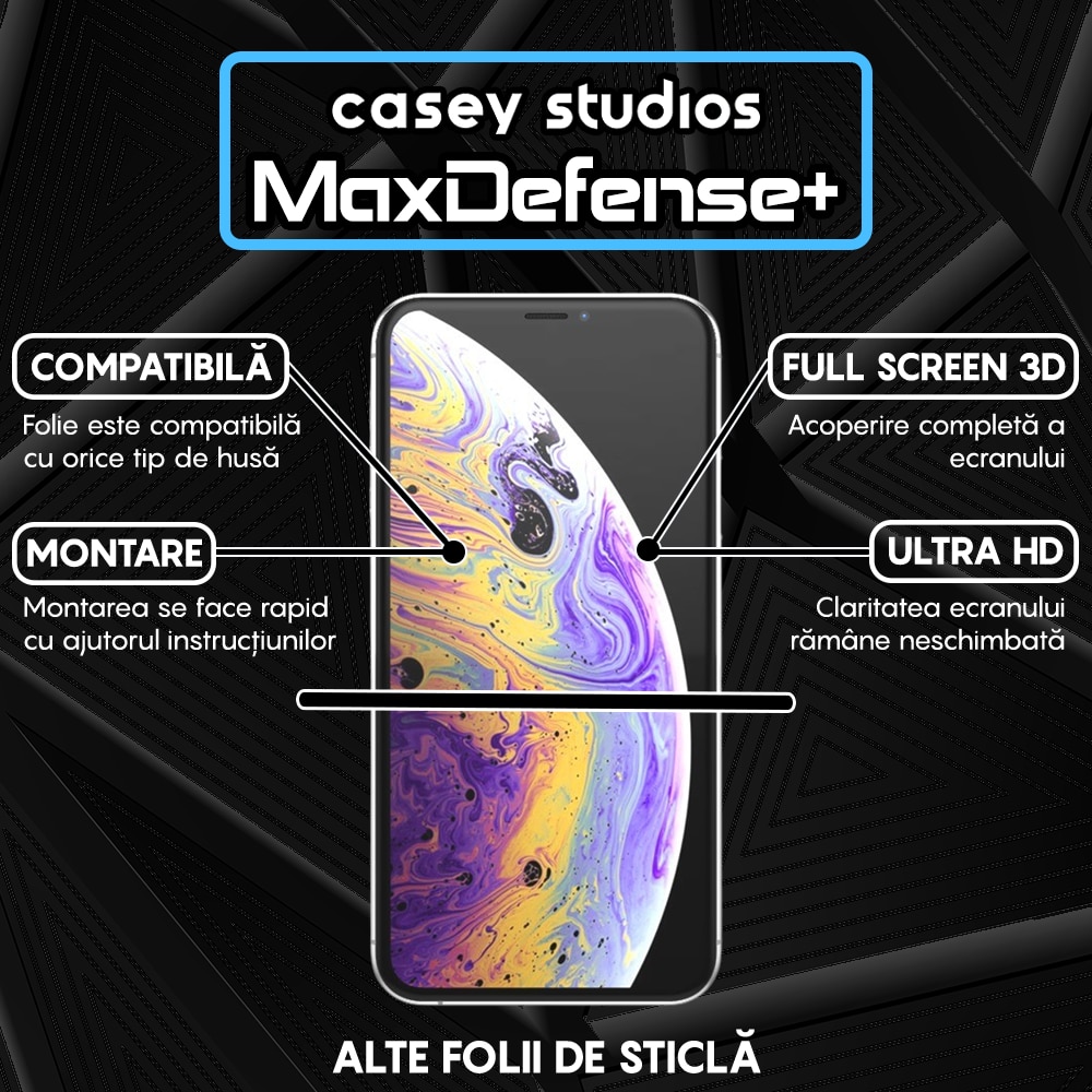 Folie Sticla CASEY STUDIOS™ compatibila cu iPhone X / XS, MaxDefense+ Classic, Full Cover 3D, Full Glue, Sticla Securizata, Duritate Militara, Ultra HD, Protectie Profesionala Ecran 3D, Anti Zgarieturi, Anti Socuri, Negru