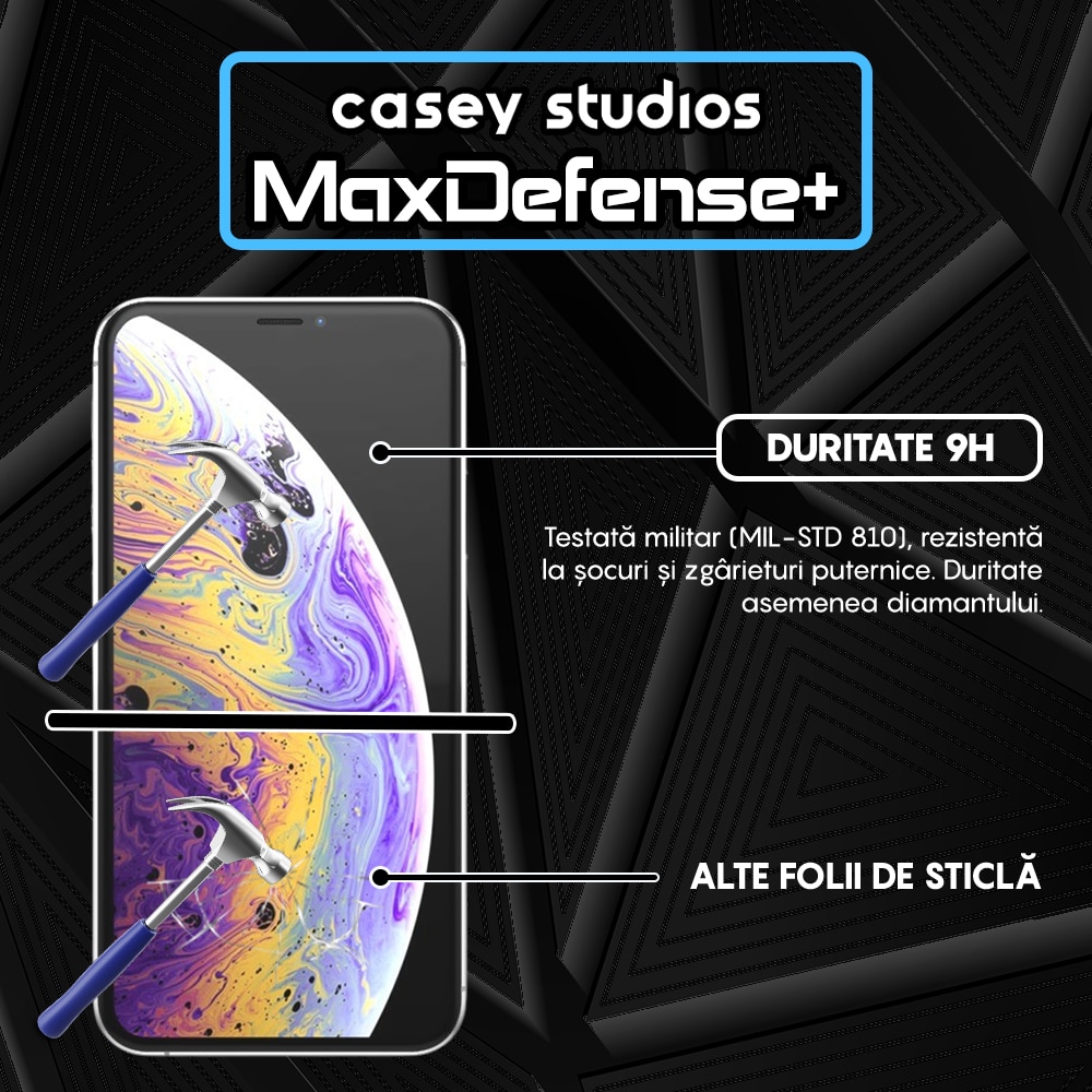 Folie Sticla CASEY STUDIOS™ compatibila cu iPhone X / XS, MaxDefense+ Classic, Full Cover 3D, Full Glue, Sticla Securizata, Duritate Militara, Ultra HD, Protectie Profesionala Ecran 3D, Anti Zgarieturi, Anti Socuri, Negru