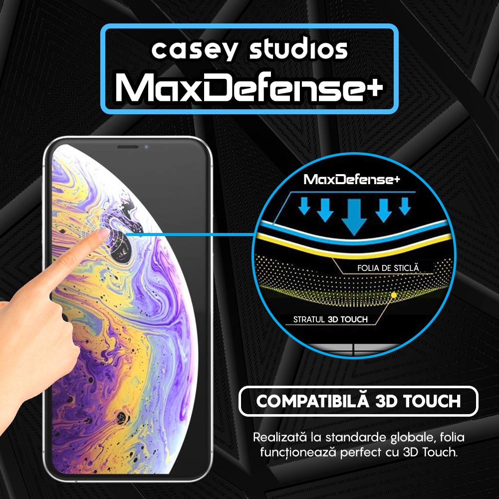 Folie Sticla CASEY STUDIOS™ compatibila cu iPhone X / XS, MaxDefense+ Classic, Full Cover 3D, Full Glue, Sticla Securizata, Duritate Militara, Ultra HD, Protectie Profesionala Ecran 3D, Anti Zgarieturi, Anti Socuri, Negru