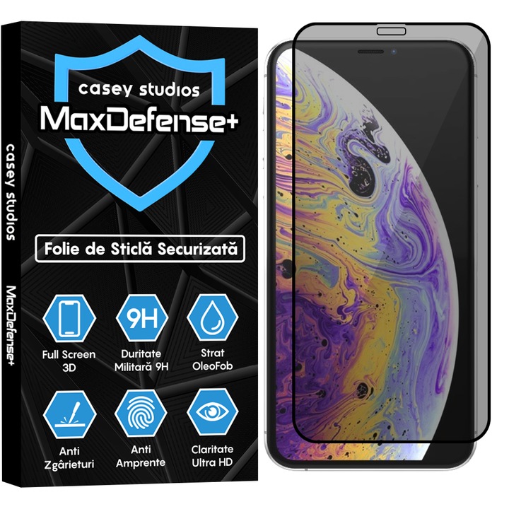 Folie Sticla Privacy CASEY STUDIOS™ compatibila cu iPhone X / XS, MaxDefense+ Privacy, Full Cover 3D, Full Glue, Sticla Securizata, Duritate Militara, Ultra HD, Protectie Profesionala Ecran 3D, Anti Zgarieturi, Anti Socuri, Negru