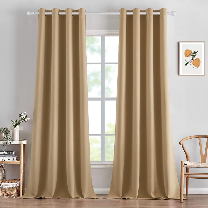 2 darabos függöny szett Miulee, 140 x 248 cm, átlátszatlan, karikákkal, bézs színű