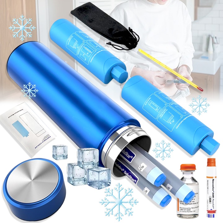 Termos portabil pentru insulina, Puepoul, Capacitate 2-3 stilouri, 2 Pachet cu gel congelat, Cu Termometru, Cu Huse stilou insulina, Prietenos pentru Calatoriile cu Avionul, Termoizolant Reutilizabil, Albastru