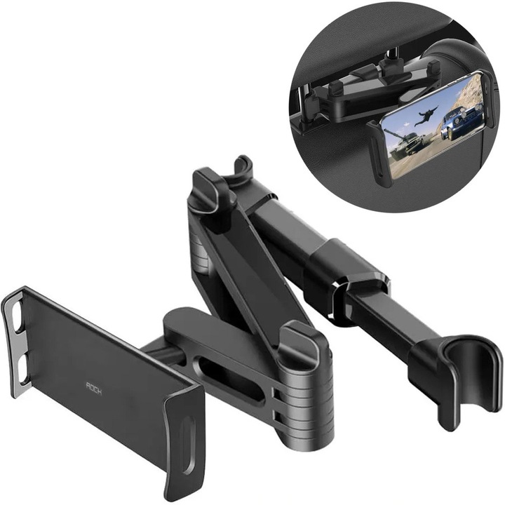 Suport auto pentru tableta si telefon, Rock, rotire 360°, negru, dimensiuni 105x150mm