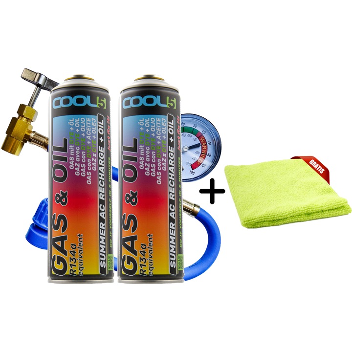 KIT 2 tuburi agent refrigerant A/C, furtun si laveta microfibra Cool5, 2 IN 1 R134A, 30x30cm
