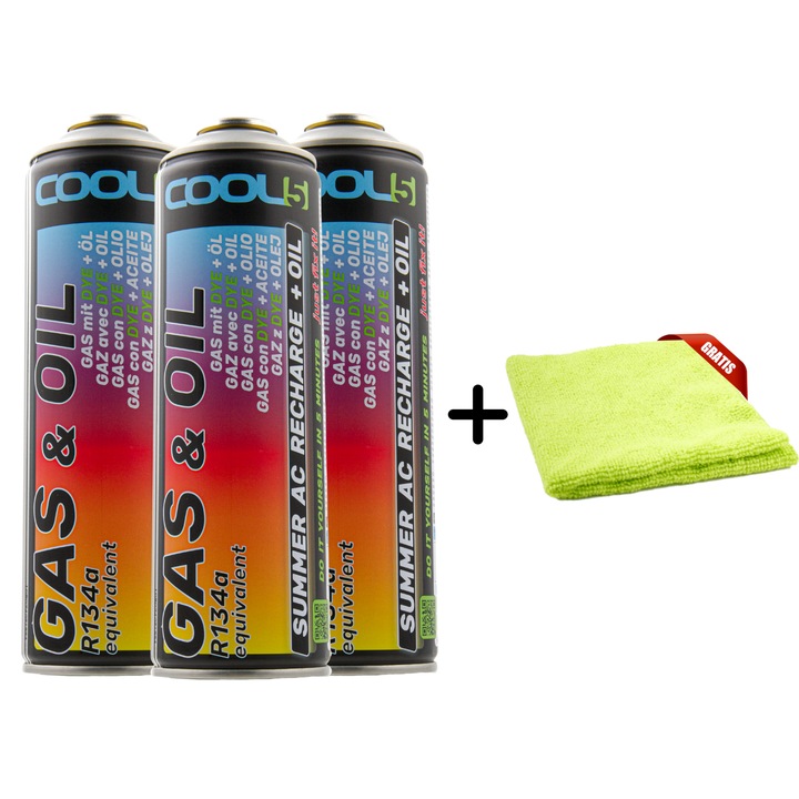 Kit agent refrigerant A/C, Cool5, 3 bucati, 2-in-1 R134a, cu laveta microfibra 30x30cm