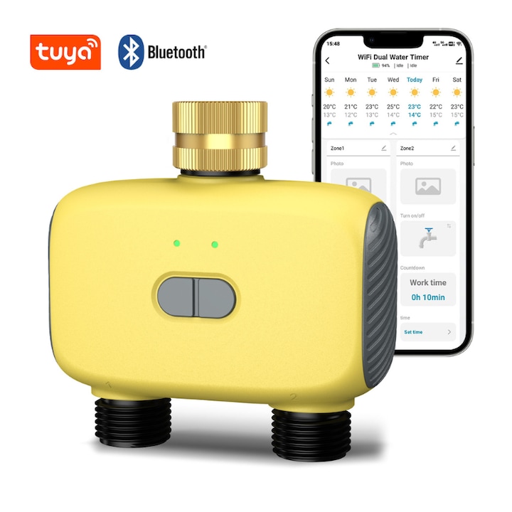 ZEEVOS WiFi контролер за напояване/поливане, с 2 изхода, управление чрез приложение, Tuya, Bluetooth, забавяне на дъжда, автоматично и ръчно управление, Alexa, съвместим с Google, включен Gateway, 3/4 връзка