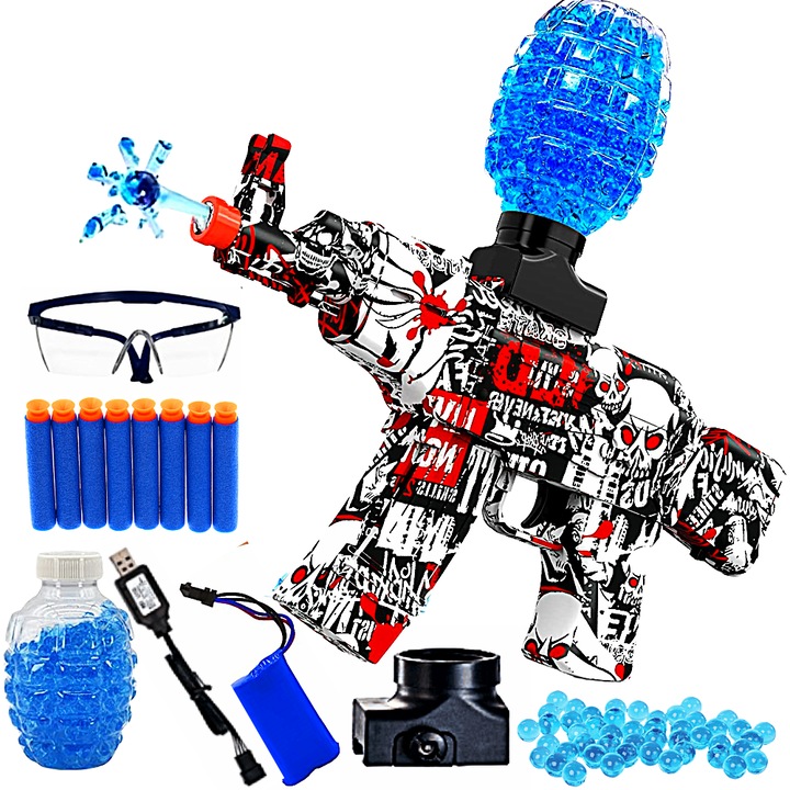 Pusca de Jucarie Electrica Automata cu Bile de Gel de Apa si Gloante de Burete, Acumulator 7.4V Tip Mitraliera, Gel Blaster,5000 de Bile, Tragere in Rafala, Ochelari Protectie, Cablu de Incarcare Distanta de Tragere 20 Metri Skin Alb/Rosu SprintMag®